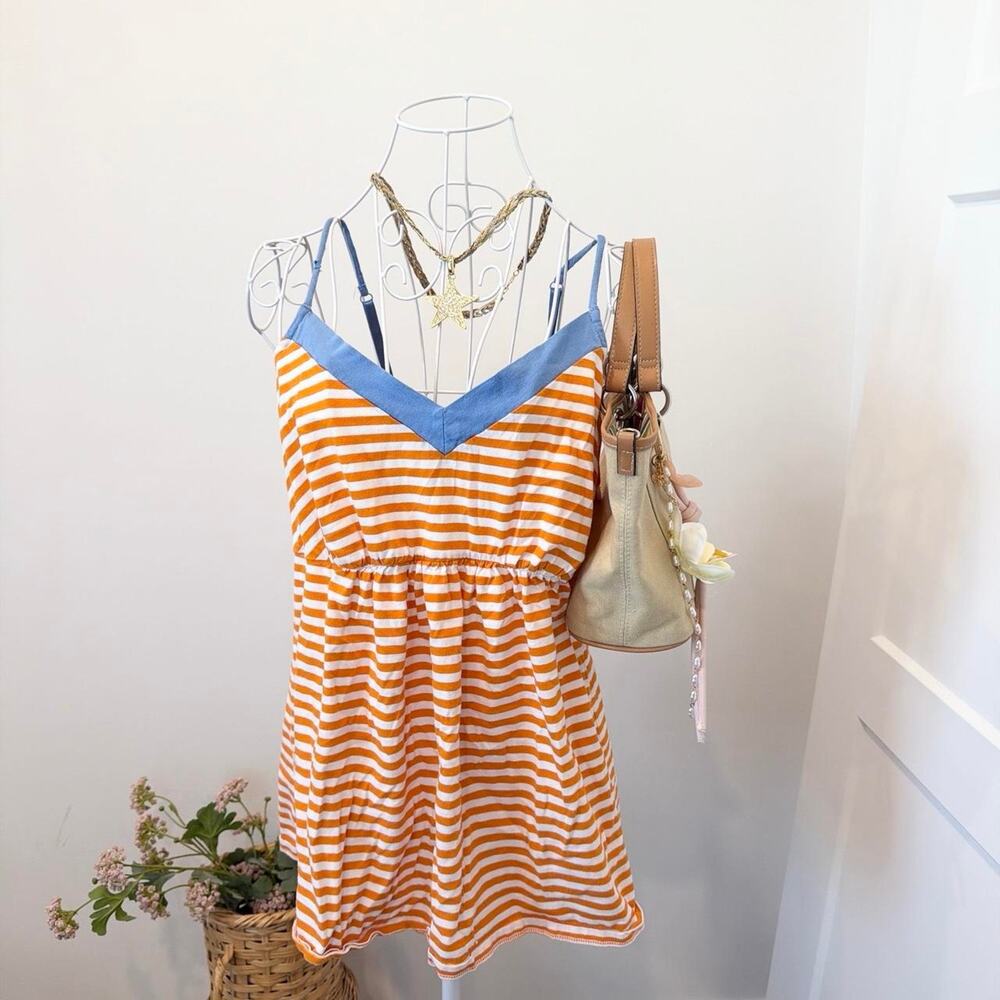 The perfect y2k orange & blue striped babydoll top with empire waist tie details